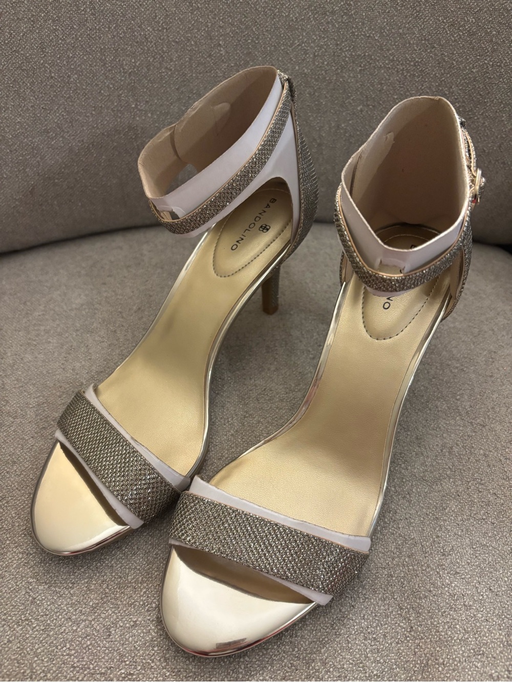 Bandolino Women’s Madia Gold Metallic Glitter Ankle-Strap Heels Size 10